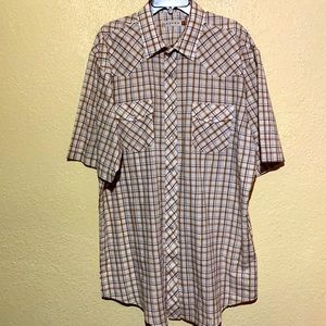 Roper Men's Shirt 2XL Tall White Tan Brown Gold Pearl Snap Buttons Short Sleeve